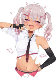 1girl black_nails black_necktie blush breasts dark-skinned_female dark_skin ear_chain elbow_gloves emi537469 fangs fingerless_gloves gloves gradient_hair grey_hair hand_on_own_hip heart heart-shaped_pupils highres linked_piercing looking_at_viewer matsukai_mao matsukai_mao_(4th_costume) multicolored_hair navel necktie nijisanji piercing pink_eyes pink_hair pointing_at_mouth purple_nails simple_background single_bare_shoulder single_elbow_glove small_breasts solo streaked_hair symbol-shaped_pupils twintails two-tone_hair virtual_youtuber white_background