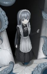 1girl absurdres apron black_dress black_shoes blue_eyes bow bowtie closed_mouth collared_dress commentary_request dress frilled_apron frills frown full_body grey_hair hair_intakes hand_on_wall highres indoors kkamkkam long_hair long_sleeves looking_at_viewer maid maid_headdress original shoes solo suction_cups tentacles very_long_hair white_apron white_bow white_bowtie