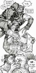 2boys anger_vein arm_hair ass back bara beard blank_eyes blush bodysuit bottle claw_(weapon) clenched_hand closed_eyes commentary_request couple deadpool deadpool_&amp;_wolverine deadpool_(series) dishing drinking facial_hair greyscale hand_on_another&#039;s_face heart hello_kitty holding holding_bottle hood hood_up kiss korean_commentary long_sleeves looking_at_another male_focus marvel marvel_cinematic_universe mature_male monochrome multiple_boys muscular muscular_male pectorals sanrio scar scars_all_over short_hair speech_bubble superhero_costume too_many translation_request veins veiny_arms weapon wolverine_(x-men) x-men yaoi