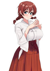 absurdres blush braid breasts brown_hair commentary_request emma_verde freckles hair_between_eyes hakama hakama_skirt highres japanese_clothes kimono large_breasts long_sleeves looking_at_viewer looks_to_the_moon love_live! love_live!_nijigasaki_high_school_idol_club low_twin_braids miko pisagi red_hakama sidelocks simple_background skirt smile standing twin_braids white_background white_kimono wide_sleeves
