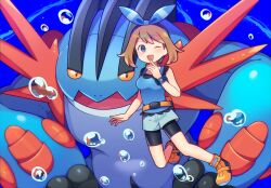 0mzum1 1girl ;d alternate_color bike_shorts bike_shorts_under_shorts blue_bow blue_eyes blue_hairband blue_shirt blush bow bow_hairband breasts brown_hair bubble colored_sclera commentary_request fanny_pack game_freak gen_3_pokemon hairband hand_up looking_at_viewer may_(pokemon) medium_hair mega_pokemon mega_swampert nintendo one_eye_closed open_mouth orange_sclera pokemon pokemon_(creature) pokemon_masters_ex shirt shoes shorts sleeveless sleeveless_shirt small_breasts smile swampert white_shorts yellow_shoes