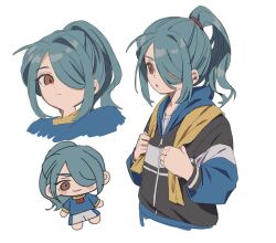 1boy ahoge bishounen black_jacket blue_hair blue_shirt blush_stickers brown_eyes chibi chibi_inset closed_mouth commentary_request cropped_shoulders cropped_torso expressionless hair_over_one_eye hair_tie hands_up high_ponytail highres holding holding_towel hood hood_down hooded_jacket inazuma_eleven inazuma_eleven_(series) jacket jersey kazemaru_ichirouta looking_at_viewer male_focus one_eye_covered parted_lips partial_commentary ponytail saku_(saku_3193) shirt short_sleeves shorts sidelocks simple_background single_hair_intake smile soccer_uniform sportswear towel towel_around_neck white_background white_shorts zipper zipper_pull_tab