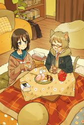 1boy 1girl ^_^ animal_ear_fluff animal_ears aqua_eyes bag bean_bag_chair black_jacket blazer blue_sailor_collar blush_stickers book bookshelf bowl brown_bag brown_cardigan brown_hair brown_hoodie cardigan cat_boy cat_ears cat_tail closed_eyes closed_mouth coffee_mug collared_shirt commentary_request commission couch cup curtains donut electrical_outlet emblem floral_print food hair_ornament highres hood hoodie indoors jacket jacket_over_hoodie kotatsu living_room looking_at_another lower_teeth_only matsumine_(twin-mix) medium_hair mug neckerchief necktie open_cardigan open_clothes open_jacket open_mouth orange_neckerchief orange_necktie original partially_unzipped pillow pitcher_(container) plaid_pillow plant plate potted_plant red-framed_eyewear rug sailor_collar sailor_shirt school_bag school_uniform semi-rimless_eyewear shirt sitting skeb_commission slice_of_life smile split_mouth spoon straight_hair sugar_cube table tablecloth tail tea teabag teeth tissue tissue_box triangle_hair_ornament under-rim_eyewear under_kotatsu under_table wooden_floor