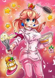 alternate_costume arm_ribbon aura blonde_hair bowl breasts buttons cake chef commentary cooking cosplay crossover crown earrings english_commentary flower food frying_pan glowing glowing_food green_eyes highres holding holding_bowl jewelry long_hair looking_at_viewer mario_(series) mixer_(cooking) nakiri_erina nakiri_erina_(cosplay) nintendo pants plate possessed possession princess_peach red_ribbon ribbon shokugeki_no_souma spirit spirit_(super_smash_bros.) star_(symbol) stoic_seraphim super_mario_bros._1 super_smash_bros. white_pants