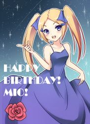 1girl aoyama_mio blonde_hair blue_dress blue_eyes blush breasts character_name dress female_focus flower gown hair_ornament hair_ribbon hairclip happy_birthday highres kamekichi_(kamekiti) kami_nomi_zo_shiru_sekai long_hair ribbon rose sky small_breasts smile solo spaghetti_strap star_(sky) starry_sky twintails
