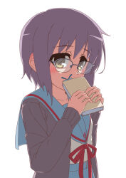 Rule 34 | 1girl, blue sailor collar, blue skirt, blush, book, bookmark, brown cardigan, brown eyes, cardigan, commentary request, glasses, holding, holding book, kita high school uniform, long sleeves, looking at viewer, nagato yuki, nagato yuki-chan no shoushitsu, necono (nekonosora1207), purple hair, red ribbon, ribbon, sailor collar, school uniform, serafuku, short hair, sidelocks, simple background, skirt, solo, suzumiya haruhi no shoushitsu, suzumiya haruhi no yuuutsu, white background, winter uniform