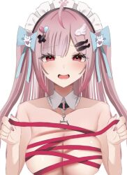 1girl ahoge black_choker blush bow breasts cat_choker choker cleavage closed_mouth collarbone fang fingernails fish_hair_ornament ghost_hair_ornament hair_bow hair_ornament hairclip heart heart_hair_ornament holding holding_ribbon indie_virtual_youtuber large_breasts long_hair looking_at_viewer maid_headdress nail_polish naked_ribbon nude nyuubara o-ring o-ring_choker paw_print pink_eyes pink_hair pink_nails pink_ribbon ribbon simple_background smile solo two_side_up virtual_youtuber white_background wing_hair_ornament yuuki_sakuna