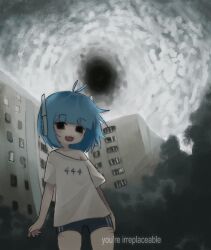 1girl antenna_hair bike_shorts black_eyes blue_hair building cloud cloudy_sky commentary english_commentary english_text highres mliko444 open_mouth original robot_ears self-harm_scar shirt single_bare_shoulder sky smoke solo standing vortex white_shirt