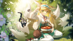 1girl absurdres animal_ears arknights arm_up basket blonde_hair bloom cardigan closed_mouth creature day frilled_hairband frills green_eyes green_hairband green_skirt hairband heixiu highres long_hair long_sleeves looking_at_viewer luo_xiaohei luo_xiaohei_zhanji multicolored_hair multiple_tails neck_ribbon official_alternate_costume open_cardigan open_clothes outdoors pantyhose red_ribbon ribbon shirt sitting skirt smile solo streaked_hair sunlight suzuran_(arknights) suzuran_(spring_praise)_(arknights) tail white_cardigan white_hair white_pantyhose white_shirt yiyu_wusheng