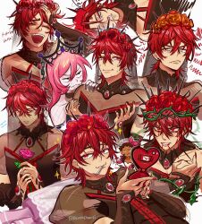 &gt;:( 1boy 1girl :d aegyo_sal black_eyes black_shirt black_tiara blankcharti blood bright_pupils center_frills clenched_teeth closed_mouth commentary cropped_torso double-parted_bangs earrings english_commentary fangs flower frills frown hair_between_eyes hair_flower hair_ornament half-closed_eyes hand_on_own_forehead head_wreath highres holding holding_flower holding_phone jewelry laughing long_hair looking_at_another looking_at_viewer looking_to_the_side male_focus medium_hair multiple_views nail_polish nosebleed open_mouth pale_skin parted_lips phone pink_flower pink_hair pink_rose plant red_eyes red_flower red_hair red_nails red_rose roblox rose royal_rebel royale_high see-through_clothes shadow_empress shirt short_sleeves simple_background skin_fangs smile sparkle strapless strapless_shirt stud_earrings teeth thorns tiara tongue twitter_username upper_body upper_teeth_only v-shaped_eyebrows vines white_background white_pupils