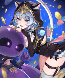 1girl animal_ears belt black_gloves black_leotard blue_background blue_eyes breasts cat_ears cat_girl cat_tail cipher_(honkai:_star_rail) cleavage coin commentary_request fang fingerless_gloves gloves gold_coin grey_hair highres honkai:_star_rail honkai_(series) large_breasts leotard mole mole_on_breast open_mouth short_hair shorts skin_fang spirithief_bartholos_(honkai:_star_rail) tail thigh_belt thigh_strap thighs white_shorts xxchicoxxf yellow_nails