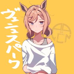 Rule 34 | 1girl, :/, animal ears, arlcn (arlcn 1115), blue eyes, bra strap, braid, braided bangs, closed mouth, clothes lift, cowlick, flat chest, highres, horse ears, horse girl, low twintails, medium hair, off shoulder, pink hair, scratching stomach, shirt, shirt lift, simple background, single braid, single off shoulder, solo, translation request, twintails, twitter username, umamusume, venus paques (umamusume), watermark, white shirt, yellow background
