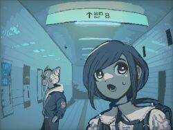 Rule 34 | 2girls, :o, blue theme, ceiling light, collared shirt, commentary request, cone hair bun, double bun, exit sign, frilled shirt, frills, fukurai azami, hair bun, hallway, hand in pocket, highres, jasmine (toshi densetsu kaitai center), jumpsuit, limited palette, multiple girls, open mouth, parody, poster (object), shirt, short hair, subway station, sweatdrop, swept bangs, tactile paving, the exit 8, tile floor, tile wall, tiles, tofu (tttto f), toshi densetsu kaitai center, translation request, upper body