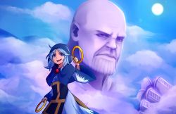 1boy 1girl ahoge bald blue_capelet blue_eyes blue_hair capelet clenched_hand cloud colored_skin commentary cosplay english_commentary frills highres holding holding_jewelry holding_ring hood infinity_gauntlet jewelry kesa kumoi_ichirin lens_flare long_sleeves looking_at_viewer marvel meme mountain nun outdoors pendant pink_skin ring short_hair speckticuls sun thanos thanos_(cosplay) touhou unzan wide_sleeves