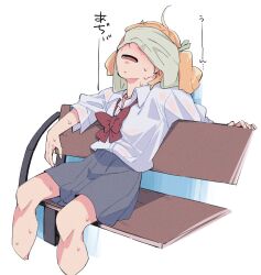 Rule 34 | 1girl, arm up, bbr brbr, bench, blonde hair, blush, bow, bowtie, collared shirt, commentary, covered eyes, cropped legs, daiba nana, feet out of frame, green ribbon, grey skirt, hair ribbon, high-waist skirt, highres, hot, long sleeves, loose bowtie, lower teeth only, miniskirt, on bench, open mouth, pleated skirt, red bow, red bowtie, ribbon, see-through clothes, see-through shirt, seishou music academy uniform, shirt, shirt tucked in, short hair, short twintails, shoujo kageki revue starlight, sitting, skirt, sleeves pushed up, solo, sweat, teeth, towel, towel on face, translated, twintails, wet, wet clothes, wet shirt