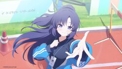 1girl absurdres black_shirt blue_archive blue_eyes blue_hair blue_jacket double_vertical_stripe gym_uniform high_ponytail highres jacket jacket_partially_removed light_blush light_smile long_sleeves looking_at_viewer millennium_science_school_logo official_art official_wallpaper partially_unzipped ponytail running_track seminar_(blue_archive) shirt stadium standing yuuka_(blue_archive) yuuka_(track)_(blue_archive)