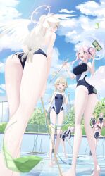 animal_ear_fluff animal_ears ass azusa_(blue_archive) blonde_hair blue_archive blue_one-piece_swimsuit blue_sky breasts feathered_wings green_hair halo hanako_(blue_archive) hifumi_(blue_archive) highres koharu_(blue_archive) la_la_la_rarmin large_breasts long_hair mika_(blue_archive) nagisa_(blue_archive) one-piece_swimsuit open_mouth pink_hair pink_halo ponytail pool school_swimsuit seia_(blue_archive) sky swimsuit trinity_general_school_swimsuit twintails wings yellow_halo