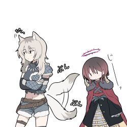 2girls animal_ears armor belt black_skirt blue_shorts cape closed_mouth crossed_arms girls_band_cry gloves grey_hair halo highres iseri_nina kawaragi_momoka lemoontya long_hair looking_at_another multiple_belts multiple_girls red_brooch red_cape red_hair short_twintails shorts simple_background skirt tail tail_wagging thigh_strap twintails white_background wolf_ears wolf_girl wolf_tail