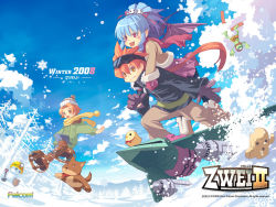 00s 1boy 2008 2girls aircraft airplane alwen_du_moonbria bird blue_background blue_hair brown_eyes brown_hair coat company_name copyright_name exmachina falcom gloves goggles goggles_on_head long_hair multiple_girls official_art official_wallpaper orange_hair pants ponytail ragna_valentine red_eyes short_hair smile snowman winter zwei!! zwei_2