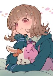 1girl breasts brown_hair collared_shirt danganronpa_(series) danganronpa_2:_goodbye_despair flipped_hair hair_ornament highres hood jacket long_sleeves looking_at_viewer medium_hair nanami_chiaki neck_ribbon open_clothes open_jacket pink_eyes pink_ribbon ribbon shirt spaceship_hair_ornament white_shirt youko-shima