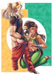 Rule 34 | black hair, blonde hair, bracelet, breasts, breasts out, capcom, clothed sex, clothes lift, clothes pull, cum, cum on body, dark-skinned female, dark skin, fellatio, gloves, grabbing own breast, hand on another&#039;s head, highres, jewelry, ken masters, laura (street fighter), non-web source, oral, paizuri, pants, pants pull, penis, shirt, shirt lift, street fighter, street fighter v, tied shirt