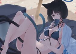 1girl animal_ears bikini black_eyes black_hair blue_archive blue_bikini blue_haori blush breasts cat_ears cat_girl cat_tail chloette closed_mouth commentary crossed_ankles haori highres japanese_clothes kikyou_(blue_archive) kikyou_(swimsuit)_(blue_archive) looking_at_viewer multiple_tails official_alternate_costume parted_bangs short_hair smile solo swimsuit tail two_tails