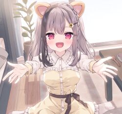 Rule 34 | 1girl, :d, bed, black hair, bowl, braid, brown hair, collared shirt, commentary request, day, dress, dress shirt, flower, frilled dress, frilled shirt collar, frills, hair between eyes, hair flower, hair ornament, hairclip, highres, hoshi (snacherubi), indoors, juliet sleeves, long hair, long sleeves, looking at viewer, multicolored hair, no shoes, open mouth, original, outstretched arms, pantyhose, plant, potted plant, puffy sleeves, red eyes, shirt, sitting, smile, solo, spoon, strapless, strapless dress, streaked hair, sunflower, sunflower hair ornament, sunlight, table, wariza, white pantyhose, white shirt, window, wooden floor, wooden spoon, yellow dress, yellow flower