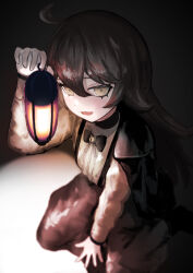 1girl absurdres ahoge black_bow black_bowtie black_hair black_jacket black_suspenders bow bowtie breasts darkness dimensionless88 frills from_above grimmi_(vtuber) hair_between_eyes hand_on_floor highres holding holding_lantern indie_virtual_youtuber jacket jacket_on_shoulders lantern long_hair long_skirt pale_skin petite sidelocks sitting skirt smile solo suspender_skirt suspenders very_long_hair virtual_youtuber wariza yellow_eyes