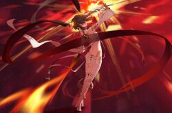 1girl asahicatkins black_hair blurry blurry_background chinese_commentary clothing_cutout coat commentary_request explosive fiery_hair fire floating_headgear full_body headgear high_heels highleg highleg_panties highres holding holding_sword holding_weapon leggings long_hair long_sleeves looking_at_viewer looking_back lucia:_pyroath_(pgr) lucia_(pgr) mechanical_arms mechanical_hands mechanical_spine multicolored_hair panties punishing:_gray_raven red_eyes red_streaks revision solo standing streaked_hair sword thigh_cutout twintails two-tone_hair underwear weapon white_coat white_leggings yellow_eyes