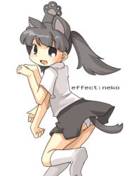 1girl 6_9 :3 :d animal_ears animal_hands black_eyes black_hair cat_ears cat_tail english_text female_focus kemonomimi_mode lowres monoko open_mouth panties pantyshot paw_pose ponytail raised_eyebrows simple_background skirt smile socks solo tail tears twintails underwear upskirt white_background yume_nikki