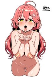 1girl absurdres ahoge blush breasts cen completely_nude cupping_hands green_eyes hair_between_eyes hair_ornament hairclip highres hololive iwano_kenta large_breasts long_hair looking_at_viewer low_twintails navel nipples nude open_mouth own_hands_together pink_hair pubic_hair pussy sakura_miko simple_background solo tongue twintails virtual_youtuber white_background