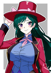 1girl absurdres blue_leotard blush breasts brown_background clip_studio_paint_(medium) commission earrings formal_clothes francesca_(pokemon) green_hair hat highres jacket jewelry large_breasts leotard long_hair long_sleeves magician nintendo pantyhose pokemon pokemon_(anime) pokemon_(creature) pokemon_dppt_(anime) red_jacket smile solo spill_(naru) suit top_hat upper_body white_background