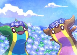 :d animal_focus blue_sky closed_mouth cloud day field flower flower_field gastrodon gastrodon_(east) gastrodon_(west) gen_4_pokemon head_wreath kotobukkii_(yt_lvlv) nintendo no_humans open_mouth outdoors pokemon pokemon_(creature) pokemon_focus purple_flower sky smile twitter_username