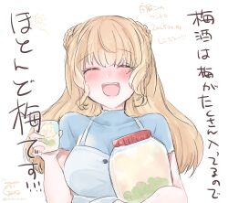 1girl alternate_costume blonde_hair blue_dress blue_shirt blush commentary_request cup double_bun dress drinking_glass hair_bun highres jar kantai_collection kurohina_(kurohina_66_s) long_hair nose_blush one-hour_drawing_challenge ranger_(kancolle) shirt smile solo translation_request upper_body