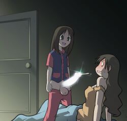 1futa 1girl age_difference azumanga_daiou bed bedroom blush breasts brown_eyes brown_hair cum erection futa_with_female futanari huge_penis kasuga_ayumu long_hair looking_at_viewer medium_breasts o_o on_bed open_mouth penis precum sitting size_difference small_breasts sparrow_(artist) surprised sweat tanizaki_yukari testicles
