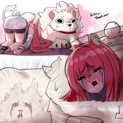 1girl animal animal_ear_fluff animal_ears bike_shorts black_shorts black_sports_bra crying detached_sleeves goddess_of_victory:_nikke hair_intakes highres leona_(nikke) lion long_hair o_o_k_i_n_a pink_hair shirt shorts sidelocks sports_bra tail timi_(nikke) white_shirt