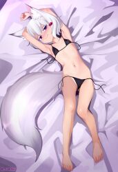 1girl absurdres animal_ears arms_behind_head bikini black_bikini blush chenki_(chenki) come_hither flat_chest fox_ears fox_girl fox_tail highres looking_at_viewer lying navel on_back on_bed open_clothes paid_reward_available phase_connect purple_eyes short_hair smile stomach swimsuit tail tenma_maemi twitter_username untied_bikini untied_bikini_bottom untied_bikini_top virtual_youtuber white_hair