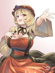 1girl aki_minoriko blonde_hair breasts cleavage hat highres looking_at_viewer red_eyes red_hat shirt short_hair smile solo touhou yellow_shirt yudepii