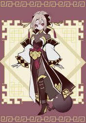 Rule 34 | 1girl, ball and chain restraint, black boots, black dress, black thighhighs, boots, breasts, brown dust (series), brown dust 2, brown hair, chinese clothes, cleavage, detached sleeves, dress, full body, hair between eyes, hair bun, highres, knee boots, large breasts, long bangs, looking at viewer, makeup, meander, platform boots, platform footwear, ponytail, red background, red eyes, samay (brown dust 2), side slit, single hair bun, solo, thighhighs, tn scallion, white sleeves