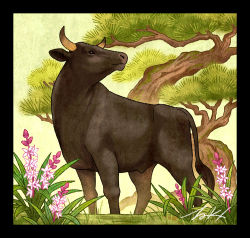 animal_focus black_border border bull flower grass no_humans original outdoors pink_flower plant purple_flower signature takigraphic tree
