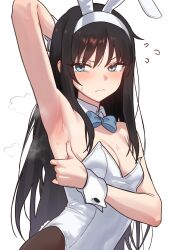 1girl absurdres arm_up armpit_focus armpits bare_shoulders black_hair blue_eyes blush breasts cleavage commentary ebora highres leotard long_hair long_skirt looking_at_viewer medium_breasts pantyhose playboy_bunny presenting_armpit skirt solo sweat tohno_akiha tsukihime