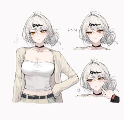2girls :t alternate_costume anger_vein belle_(zenless_zone_zero) belt black_belt black_choker breasts cheek_poking choker cleavage collarbone commentary english_commentary feint721 grey_hair hair_ornament hairclip highres jacket looking_at_viewer midriff multiple_girls multiple_views open_clothes open_jacket poking short_hair smile strapless tube_top upper_body yellow_eyes yixuan_(zenless_zone_zero) zenless_zone_zero