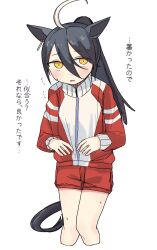 Rule 34 | 1girl, ahoge, animal ears, black hair, blush, dress, ear tag, earrings, frown, grey hair, hair between eyes, high ponytail, highres, horse ears, horse girl, horse tail, jacket, jewelry, knees together feet apart, komineya san, long hair, long hair between eyes, long sleeves, looking at viewer, manhattan cafe (umamusume), multicolored hair, multicolored jacket, parted lips, ponytail, red jacket, red shorts, shorts, simple background, single earring, solo, sweat, tail, tracen training uniform, track jacket, translation request, two-tone jacket, umamusume, very long hair, white background, white jacket, yellow eyes