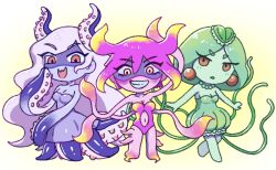 Rule 34 | 3girls, bare shoulders, barefoot, blonde hair, blue skin, breasts, chibi, chibi only, cleavage, collarbone, colored skin, earrings, evil grin, evil smile, gradient hair, green hair, green skin, grey hair, grin, highres, jewelry, kato (momota rosan), long hair, marina (omori), medium breasts, medusa (omori), molly (omori), multicolored hair, multiple girls, navel, necklace, omori, open mouth, parted lips, pink hair, pink skin, red eyes, short hair, smile, teeth, tentacle hair
