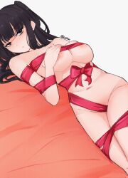 1girl areola_slip artist_name black_eyes black_hair bow breasts commentary english_commentary fire_emblem fire_emblem_awakening highres long_hair looking_at_viewer lying medium_breasts naked_ribbon navel nintendo on_bed on_side red_bow red_ribbon ribbon serafineart1001 solo tharja_(fire_emblem)