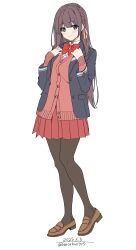 1girl absurdres blazer blue_eyes blue_jacket bow braid breasts brown_hair brown_pantyhose cardigan closed_mouth collared_shirt hair_ornament highres jacket long_hair long_sleeves looking_at_viewer medium_breasts open_clothes original pantyhose pink_cardigan pink_skirt pleated_skirt red_bow ribbon school_uniform shirt simple_background skirt smile solo unasaka_ryou white_shirt