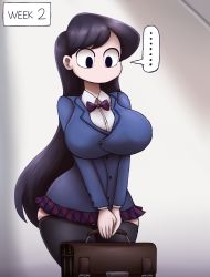 ... 1girl ass_expansion bag black_eyes black_hair black_thighhighs breast_expansion breasts constricted_pupils cowboy_shot curvy grey_background highres jacket komi-san_wa_komyushou_desu komi_shouko large_breasts long_hair long_sleeves looking_down metachoke miniskirt no_mouth pleated_skirt school_bag school_uniform simple_background skirt solo standing thick_thighs thighhighs thighs wide_hips