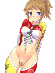 10s 1girl :&gt; bare_shoulders bike_jersey blue_eyes blush bottomless breasts closed_mouth collarbone cowboy_shot dutch_angle eeeeee female_focus female_pubic_hair frown gluteal_fold groin gundam gundam_build_fighters gundam_build_fighters_try hair_ornament hair_scrunchie hoshino_fumina impossible_clothes looking_at_viewer midriff navel ponytail pubic_hair pussy scrunchie short_hair short_sleeves shorts simple_background skin_tight solo standing stomach sweatdrop thigh_gap thighhighs uncensored white_background white_shorts
