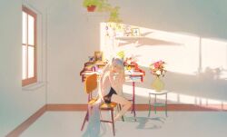 1girl absurdly_long_hair alarm_clock bare_arms bare_legs barefoot bell black_shorts blue_eyes blue_hair book book_stack box cake cake_slice casual chair charm_(object) clock coffee_mug corner covering_one_eye cup desk eraser evening feet_on_chair flower flower_pot food hair_between_eyes hair_flowing_over hair_over_shoulder hand_on_own_leg hand_up happy hatsune_miku highres hugging_own_leg indoors jingle_bell knee_blush knee_up leaf light_particles long_hair looking_at_viewer mechanical_pencil mug nightstand notebook on_chair open_mouth pencil pencil_case photo_(object) picture_frame pink_flower pink_rose plant plate potted_plant red_flower red_rose rose shadow shelf shorts sidelighting sidelocks sitting slouching smile solo sprout strap_slip sunlight tank_top teeth tonari_no_totoro totoro toy_horse twintails upper_teeth_only very_long_hair vocaloid warm_colored white_flower white_rose white_tank_top wide_shot window windowsill yaclittn