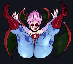 1girl 2024 absurdres animal_print ass bat_print bat_wings blue_background blue_pantyhose blush_stickers boots breasts bridal_gauntlets cameltoe capcom cicada_block_(meme) cleavage clothing_cutout collarbone come_hither commentary darkstalkers demon_girl diamond_cutout english_commentary eyeshadow flat_chest floating from_below fur-trimmed_leotard fur_trim half-closed_eyes head_wings high_heel_boots high_heels highleg highleg_leotard highres huge_ass large_breasts lemonadepikachu leotard licking_lips lilith_(darkstalkers) low_wings naughty_face pantyhose partially_visible_vulva purple_hair purple_sleeves red_boots red_eyes red_eyeshadow red_leotard short_hair simple_background thick_lips thick_thighs thighs tongue tongue_out toon_(style) wedgie wings